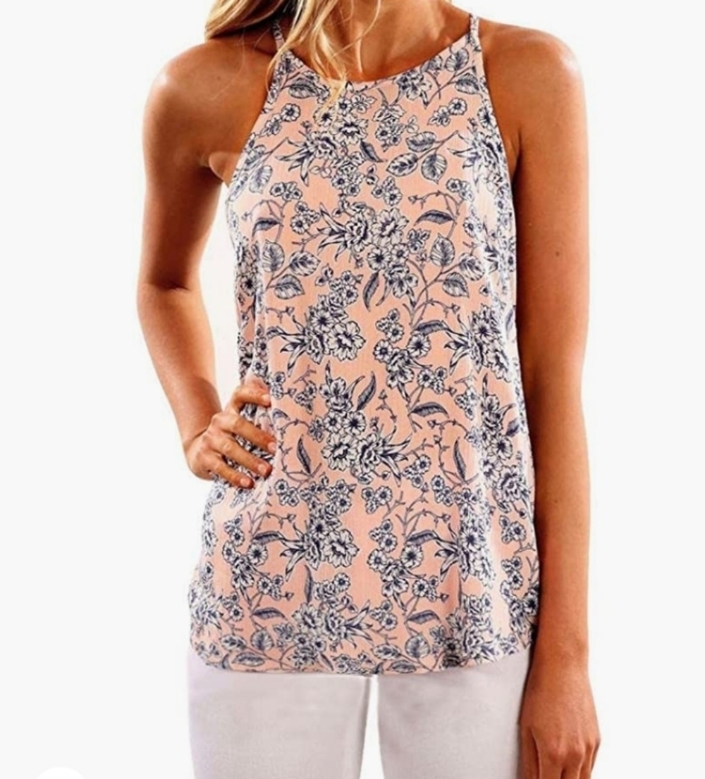 Light Pink Floral Patterned High Neck String Tank with High Low Styling Size XL